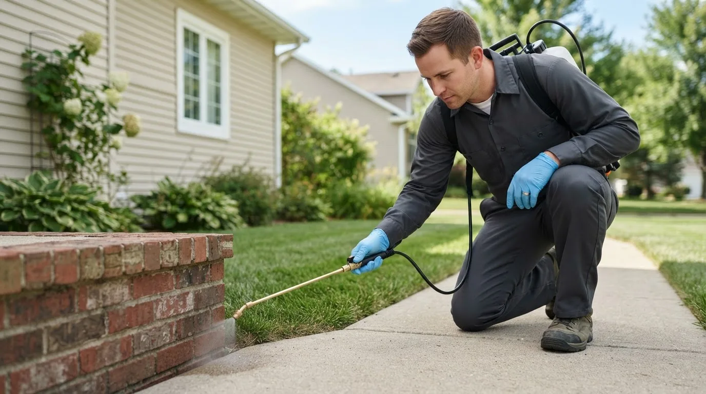 Pest control technician treating a home near Shrewsbury, MA